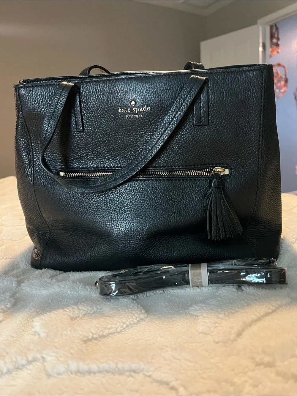 kate spade Black Pebbled Leather Tote with Tassel Zip Pocket
